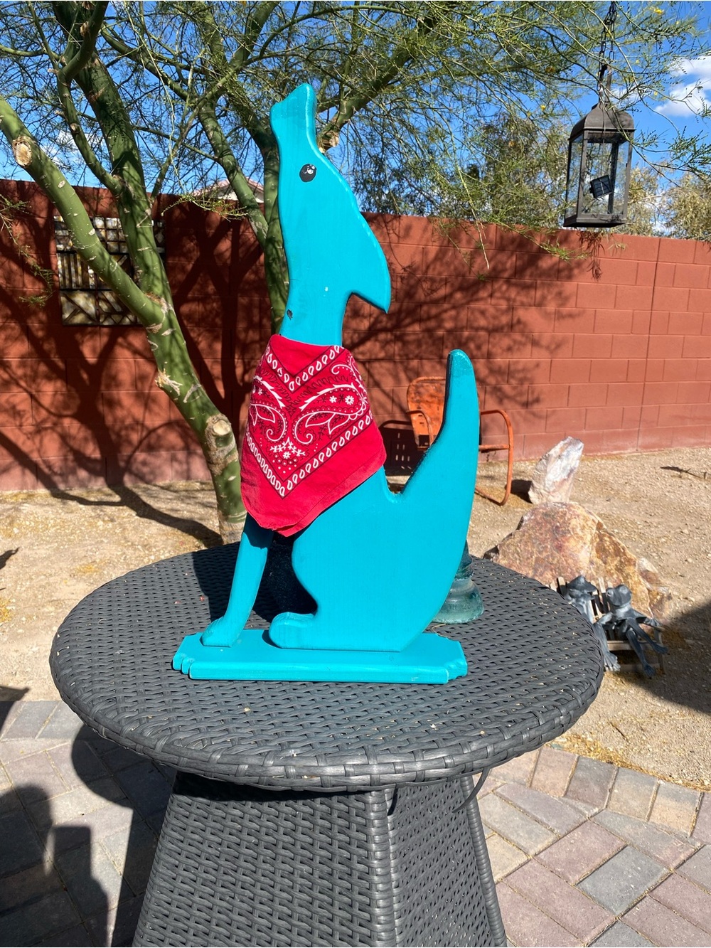 Turquoise Howling Coyote Sculpture with Red Bandana - Home Art